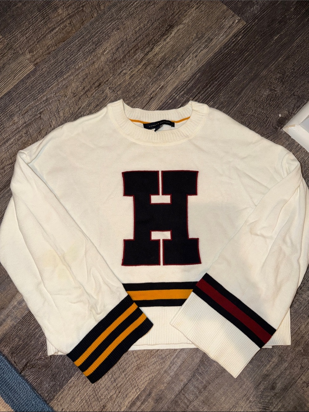 Tommy Hilfiger Cream Crewneck Sweater with Black H and Gold & Red Trim